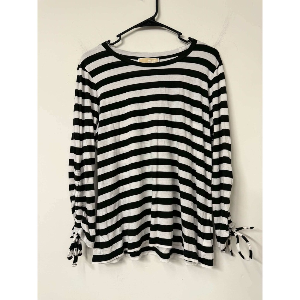 Michael Kors Womens XL Black White Striped Long Sleeve Tie Cuff Top Shirt